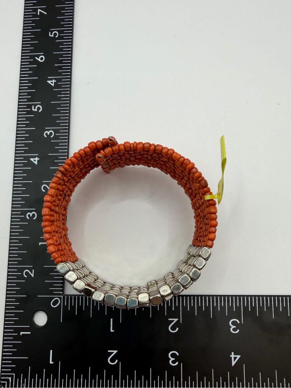 Coral Seed Bead Cuff Bracelet | Orange Multi-Strand Silver Cube - Picture 8 of 10